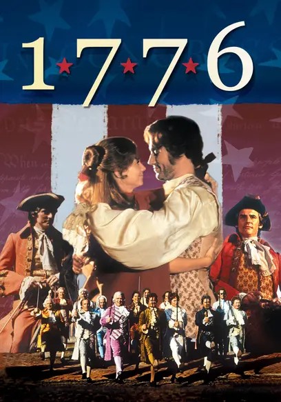 Historical figures in colonial attire with '1776' text, embracing couple in center, American Revolution theme.