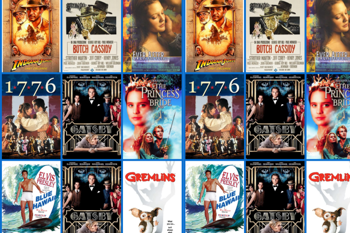 Grid of classic movie posters including Indiana Jones, Butch Cassidy, Ever After, 1776, Gatsby, and Gremlins.