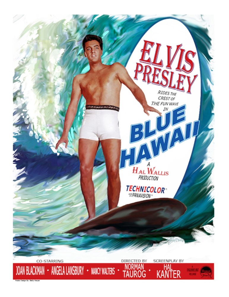 Movie poster with man surfing and text 'Elvis Presley in Blue Hawaii'.