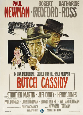 Vintage movie poster featuring two men in cowboy hats, with horses and text, titled 'Butch Cassidy.'