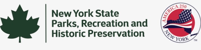 Logo: New York State Parks with leaf icon and New York 250th emblem of flag.