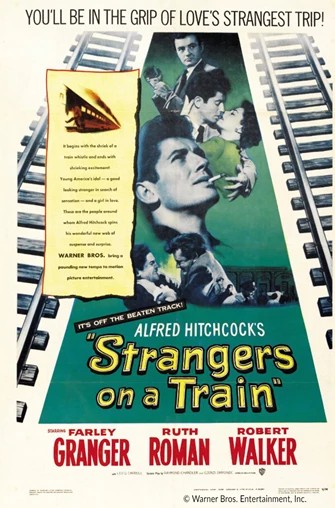 Poster of Alfred Hitchcock's 'Strangers on a Train' with train tracks and character faces.
