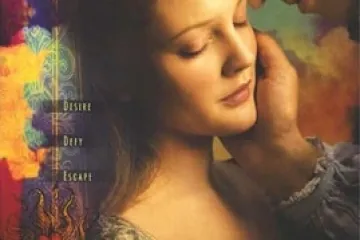 Two people embracing on a colorful movie poster for 'Ever After: A Cinderella Story'.