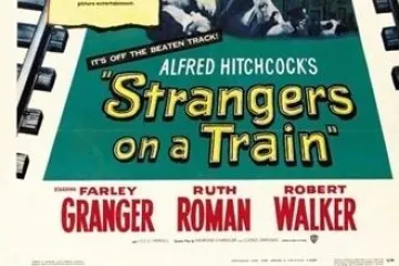 Poster of 'Strangers on a Train' with dramatic faces and train tracks.