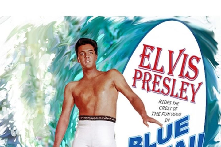 Vintage movie poster featuring a man surfing titled 'Elvis Presley in Blue Hawaii'.