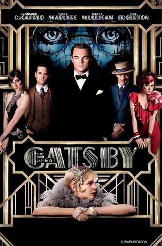 Poster of 'The Great Gatsby' film with cast in 1920s attire against an art deco design.