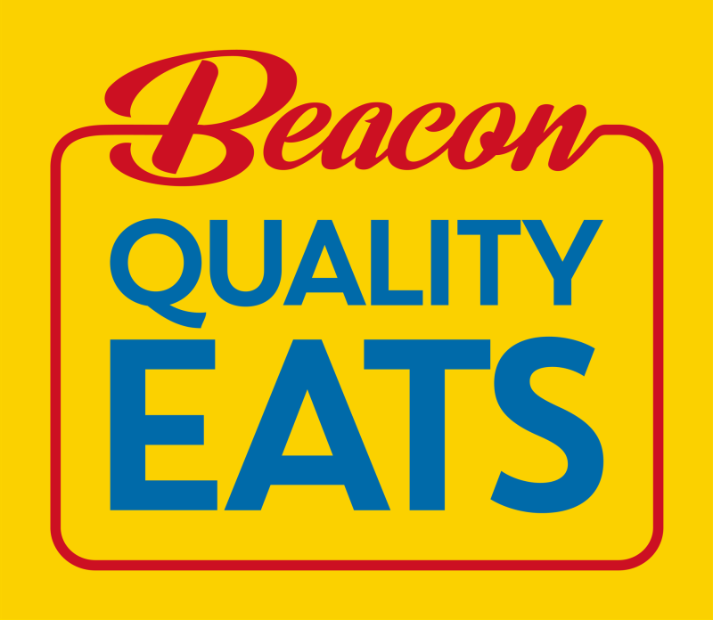 Logo with text: Beacon Quality Eats in red and blue on yellow background.