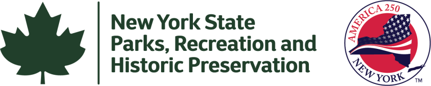 New York State Parks logo with green leaf and America 250 emblem.