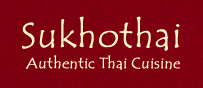 Sukhothai Authentic Thai Cuisine text on red background.