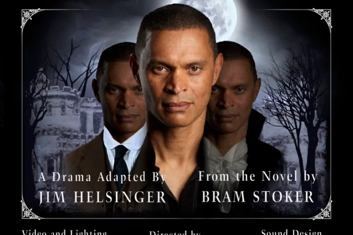 Poster for 'Dracula' by Bram Stoker, featuring a man's face, film dates, and credits against a moonlit background.