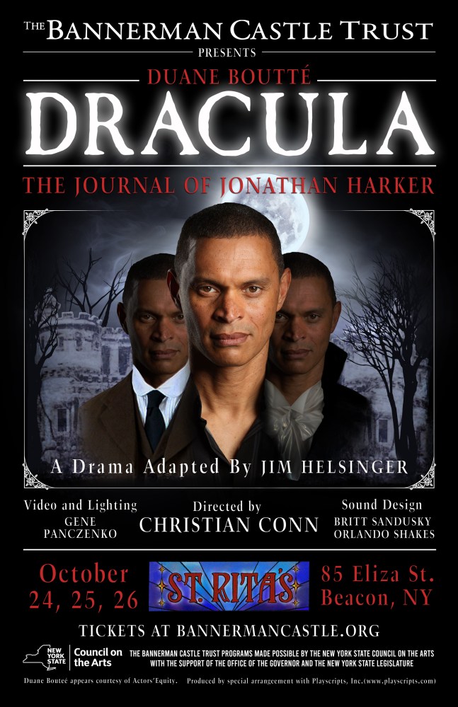 Theater poster for 'Dracula: The Journal of Jonathan Harker' with dramatic portraits and moonlit castle background.