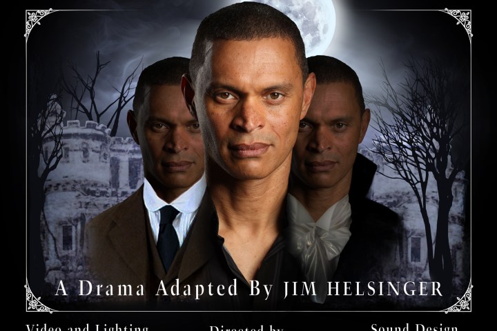 Theater poster for 'Dracula: The Journal of Jonathan Harker' with dramatic portraits and moonlit castle background.