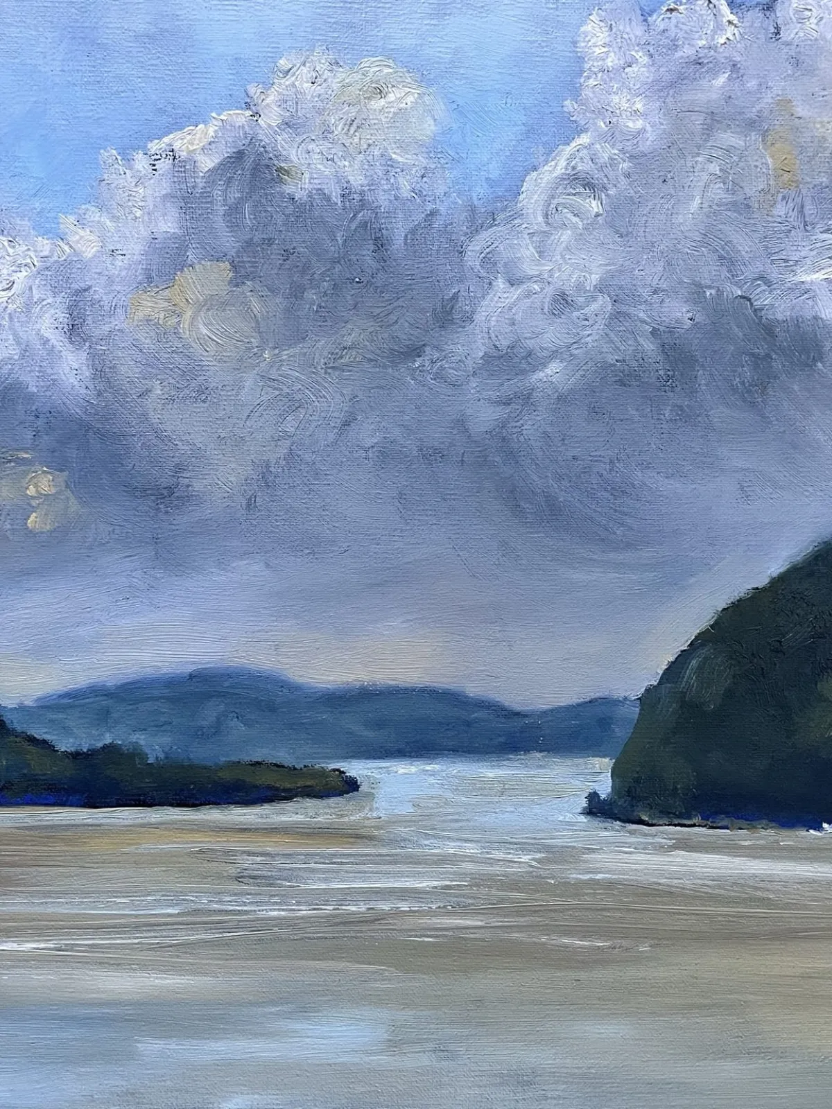 Painting of a river between two hills under a cloudy sky.