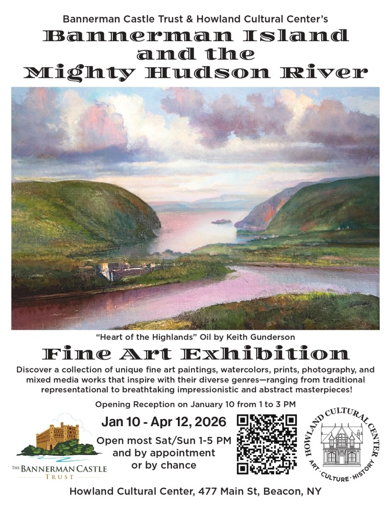 Poster for a fine art exhibition at Howland Cultural Center, featuring a landscape painting of the Hudson River.