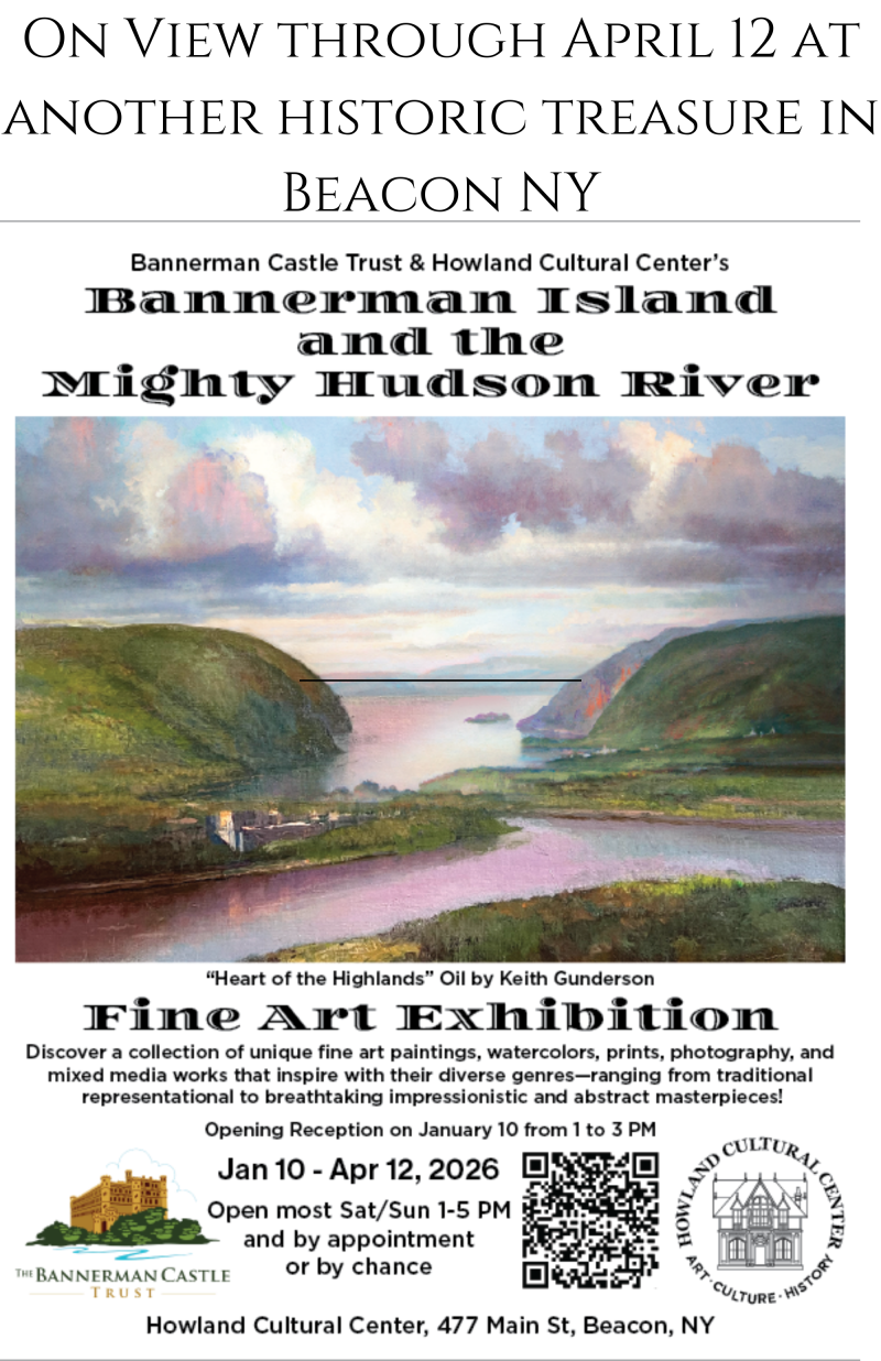 Poster for Bannerman Island art exhibition in Beacon, NY, with landscape painting and event details.