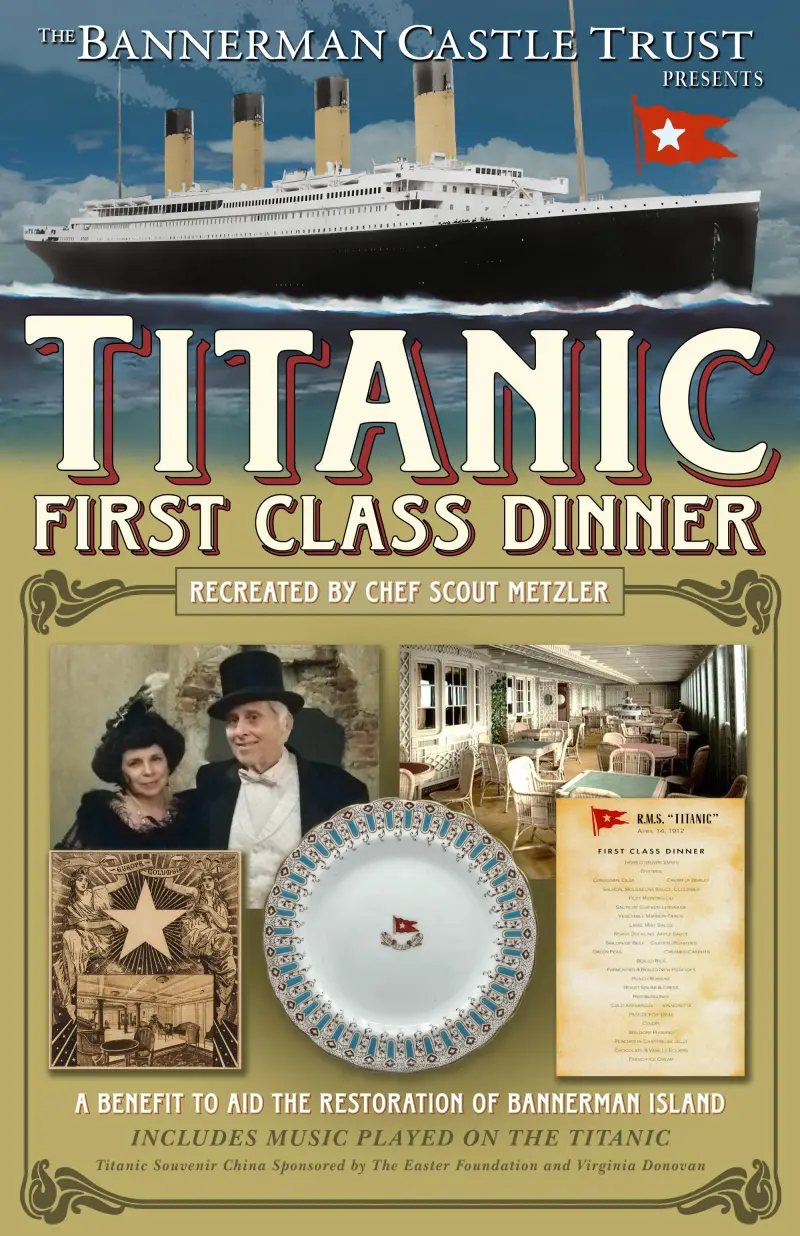 Poster for 'Titanic First Class Dinner' event by Bannerman Castle Trust with ship, dinner menu, and vintage images.