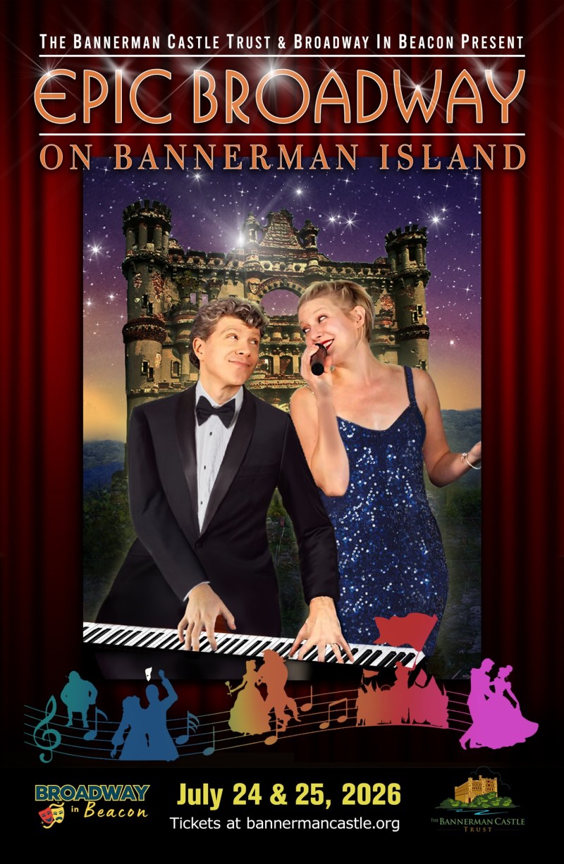 Poster for 'Epic Broadway on Bannerman Island' with performers, castle backdrop, and show dates July 24-25, 2026.