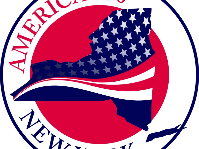 New York state outline with American flag design, 'America 250' text.