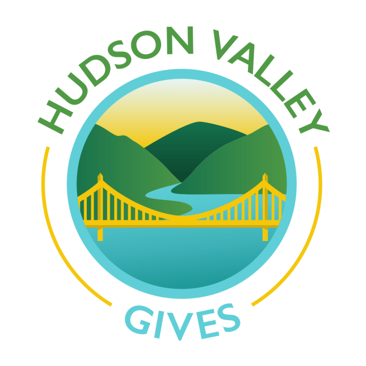 Logo of Hudson Valley Gives with a bridge over a river and hills in a circle.