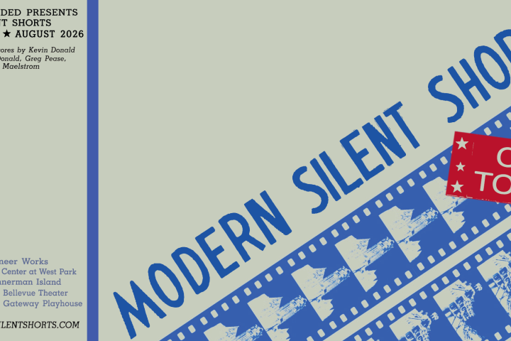 Poster for 'Modern Silent Shorts' 2026 tour with film reel design.