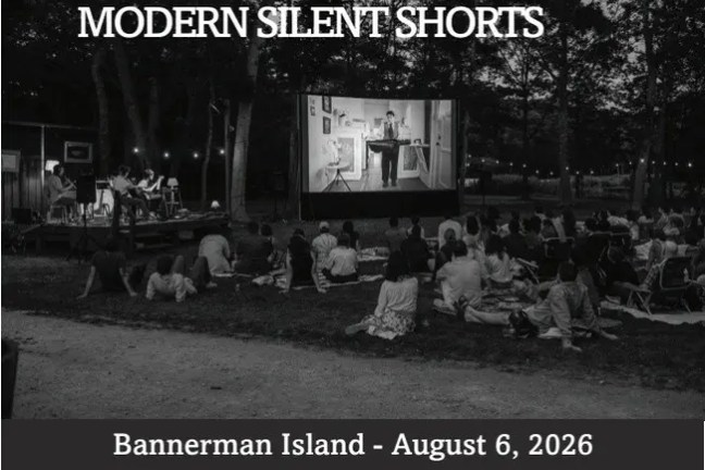 Outdoor film screening at night, audience seated on grass, live musicians on stage.