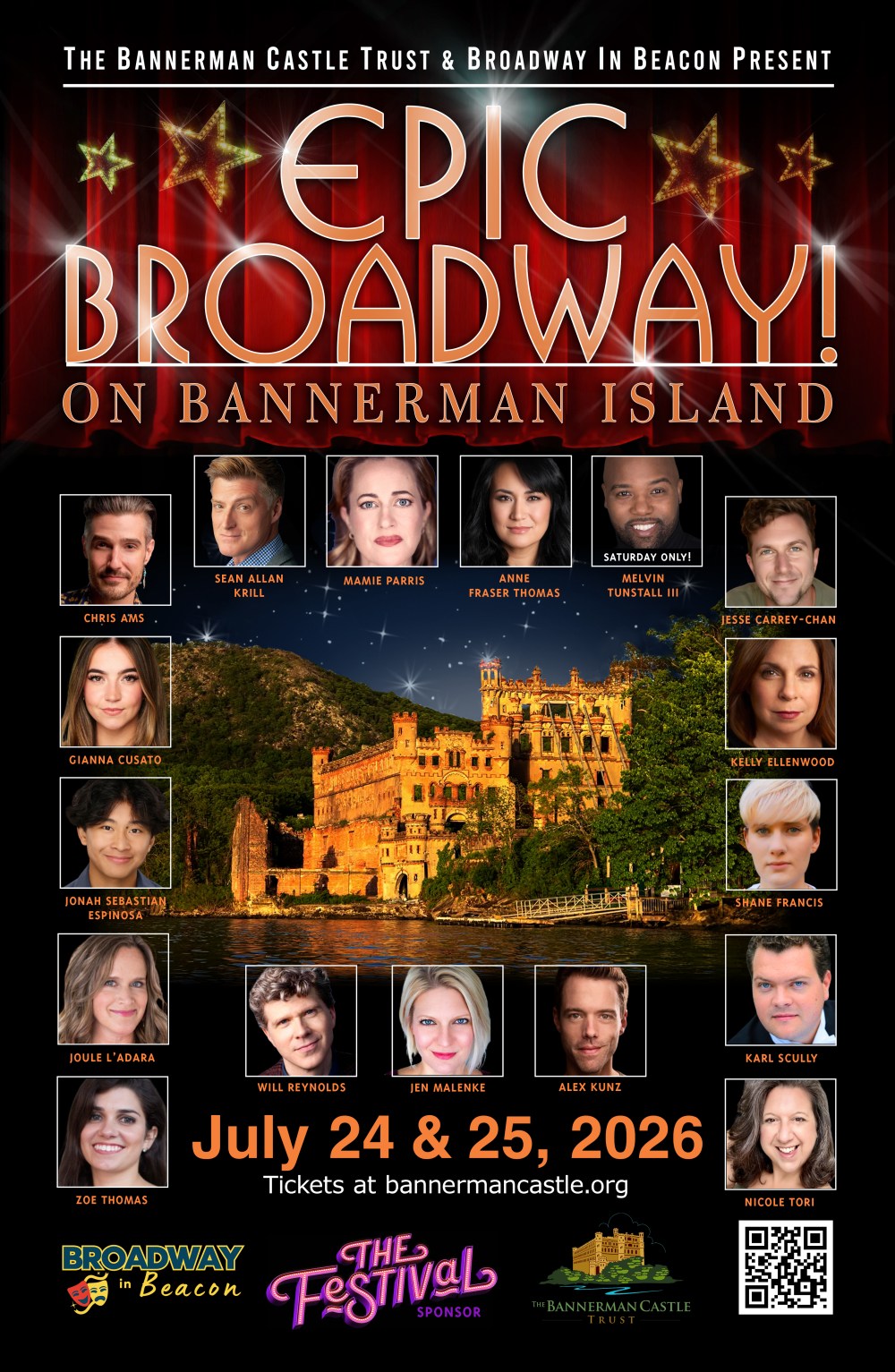 Poster for 'Epic Broadway!' event with headshots and Bannerman Castle image. Dates: July 24 & 25, 2026.