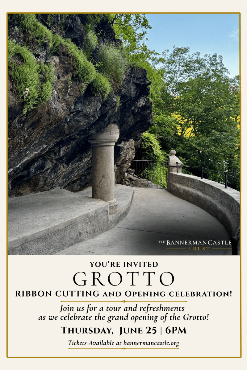 Rocky outdoor path with stone railing and forest view, promoting Grotto grand opening on June 25th.
