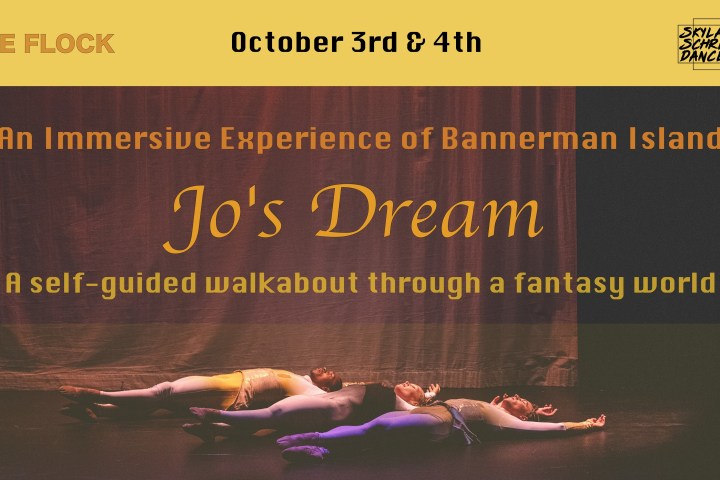 Three dancers on stage with 'Jo's Dream' event details above.