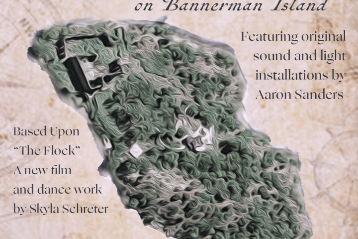 Poster for 'The Flock' event on Bannerman Island with map and event details.