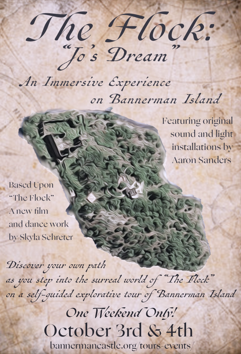 Poster for 'The Flock' event on Bannerman Island with map and event details.
